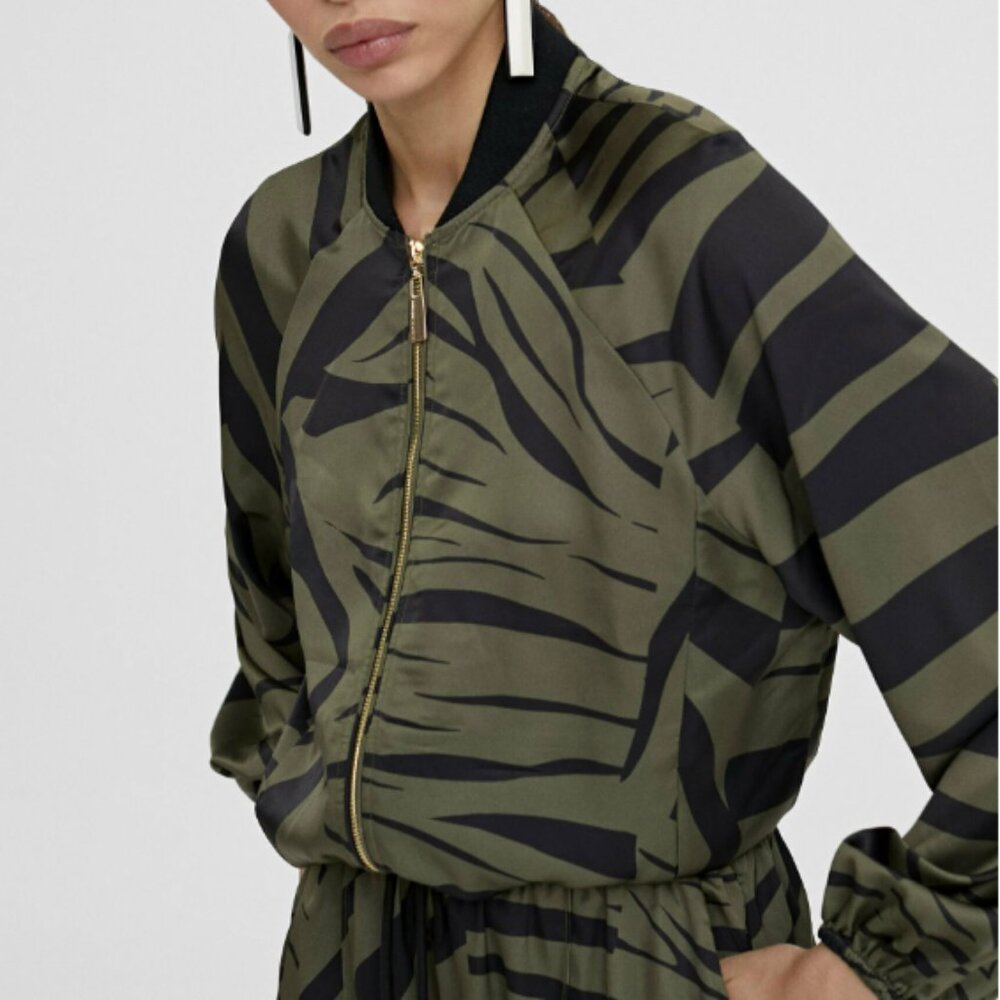 LOLA CASADEMUNT Bomber Jacket Zebra Striipe Khaki Black Size L New without Tags